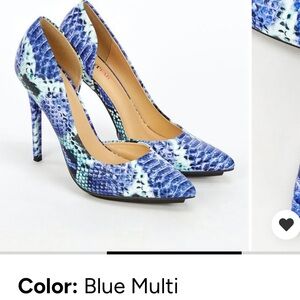 JustFab Blue Multi Stiletto Heels with Exotic Snake Skin Pattern